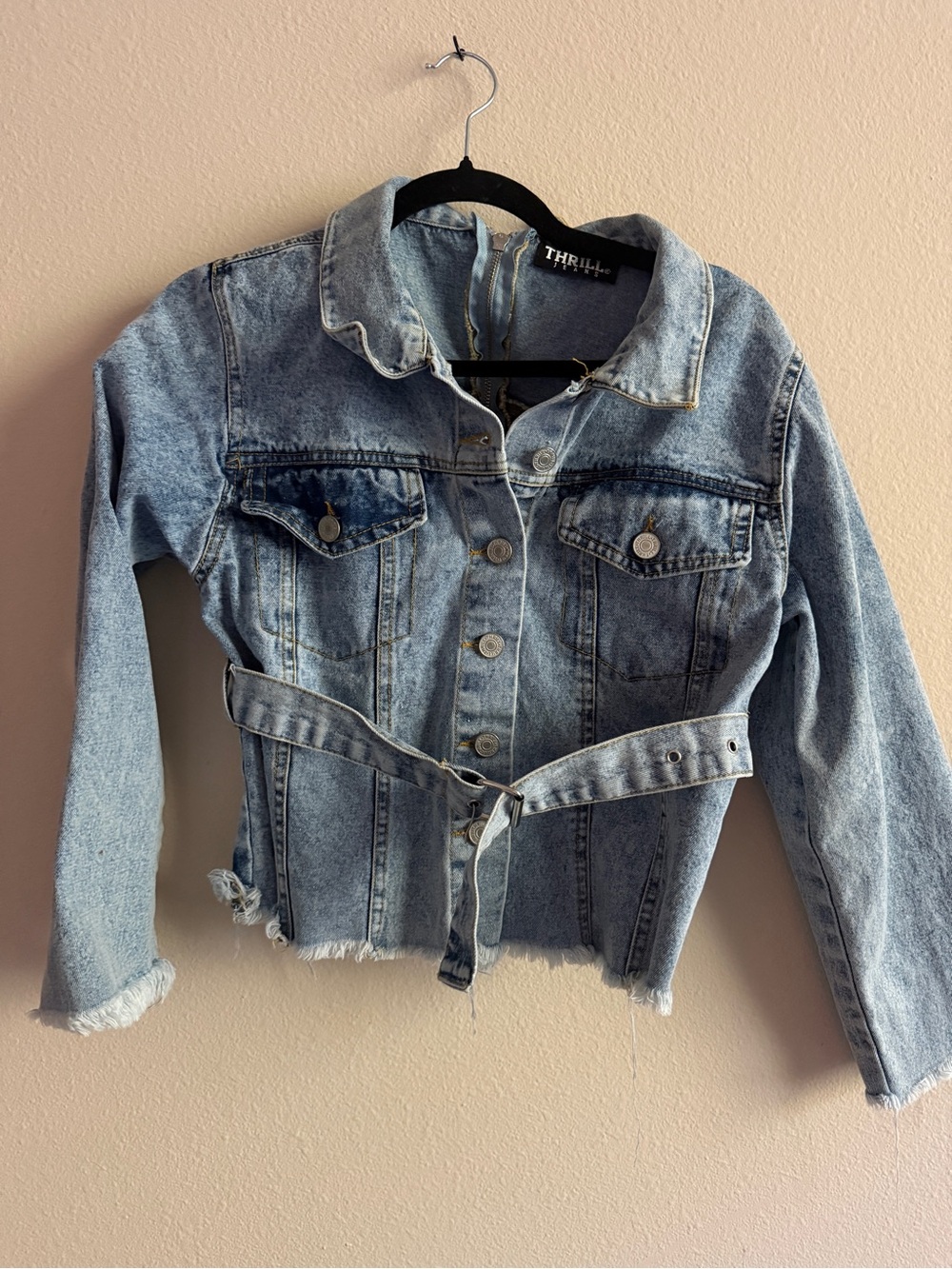 Thrill Light Blue Washed Denim Cropped Jacket with Belt